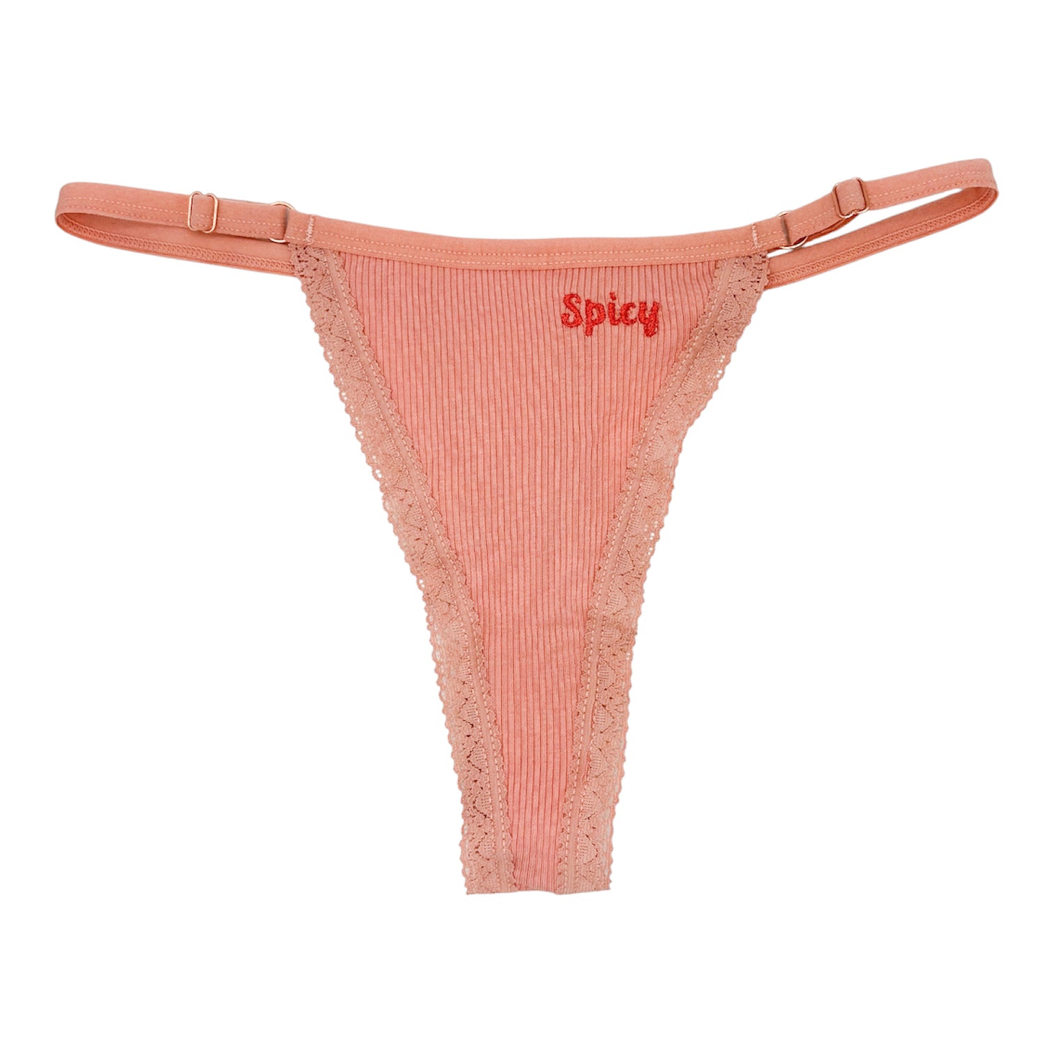 A flat image of Berry Sorbet’s Peach Melt “Spicy” ribbed cotton thong with red embroidery.