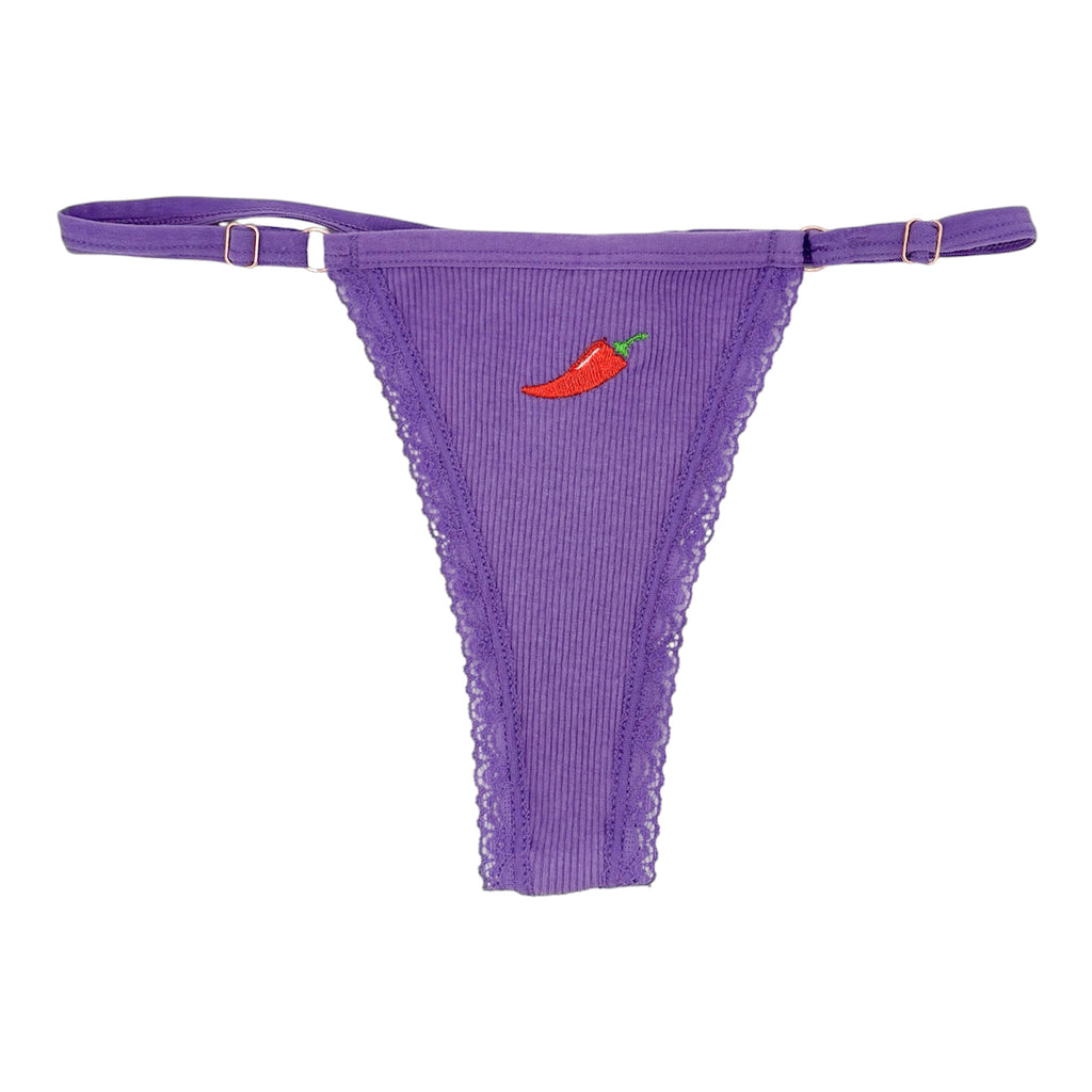 A flat image of Berry Sorbet’s Grape Mist Chilli ribbed cotton thong with res chilli embroidery.