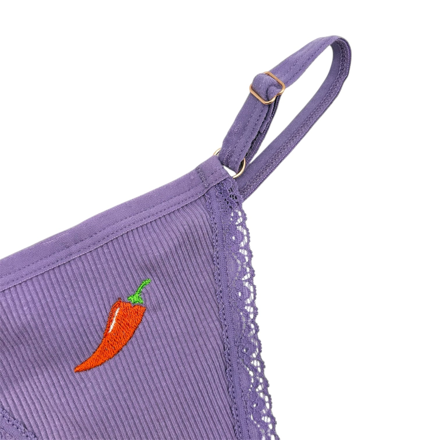 A close up of Berry Sorbet’s Grape Mist Chilli embroidered soft cotton thong