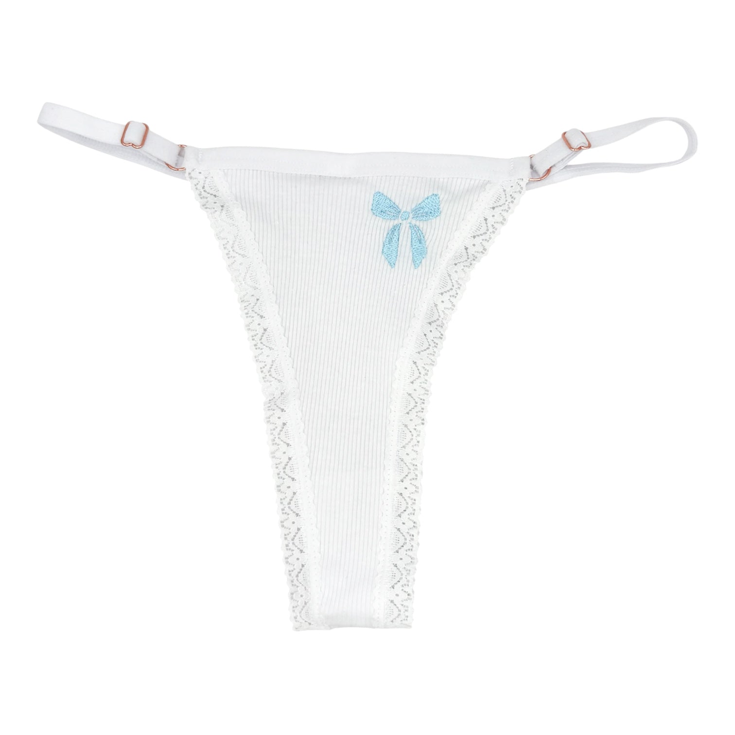 A flat image of Berry Sorbet’s Sugar Bow white ribbed cotton thong with light blue bow embroidery on the front with a white background.