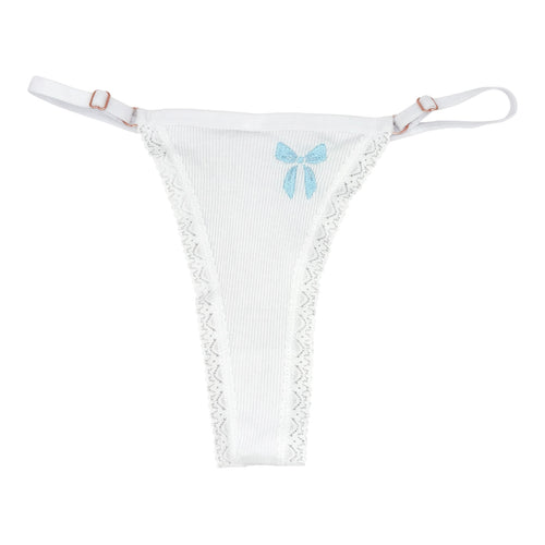 A flat image of Berry Sorbet’s Sugar Bow white ribbed cotton thong with light blue bow embroidery on the front with a white background.