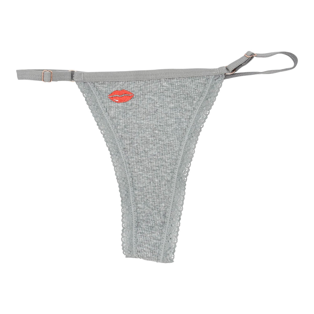 A flat image of Berry Sorbet’s Hazy Lips ribbed cotton thong with red lips embroidery.