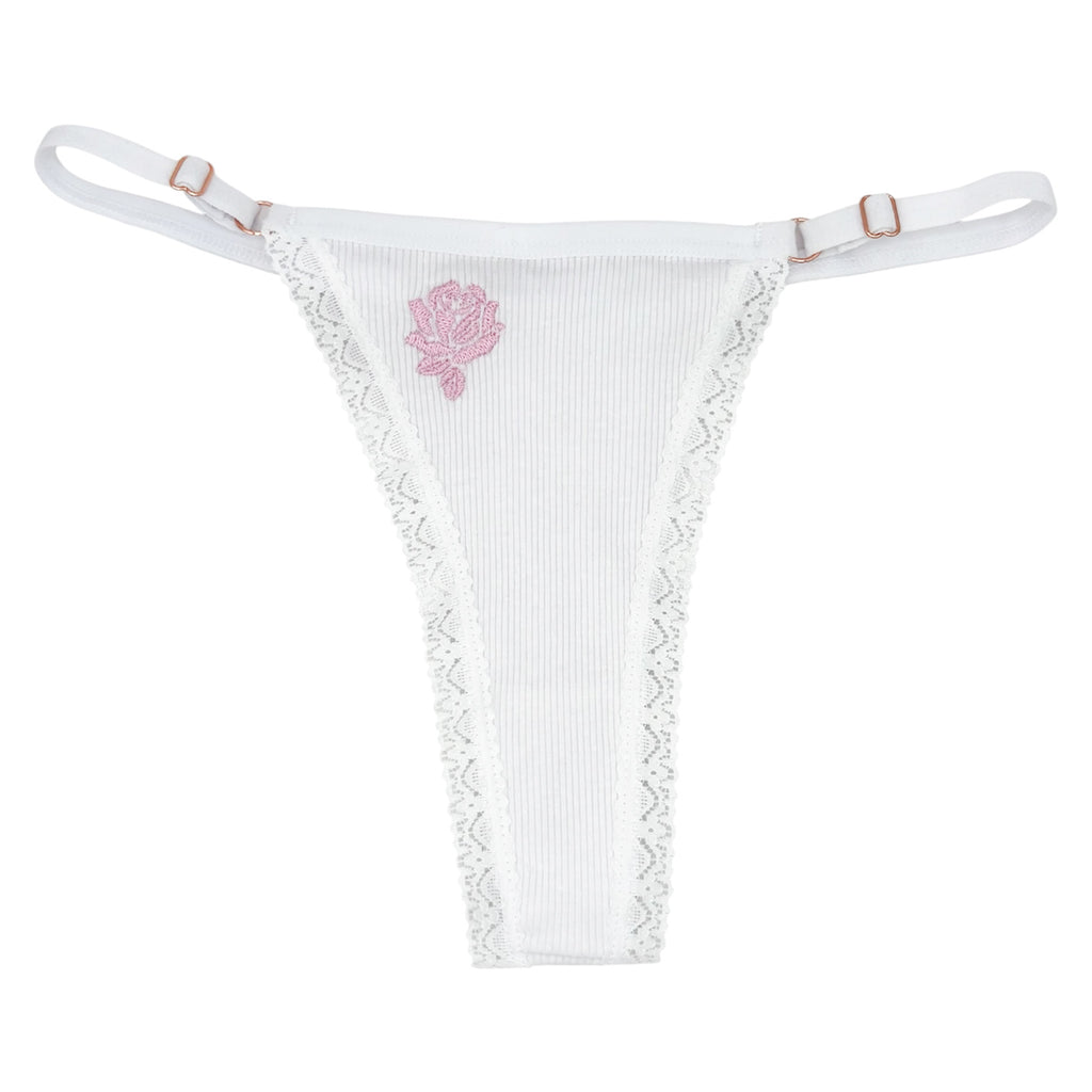 A flat image of Berry Sorbet’s Sugar Rose white ribbed cotton thong with pink rose embroidery on a white background 