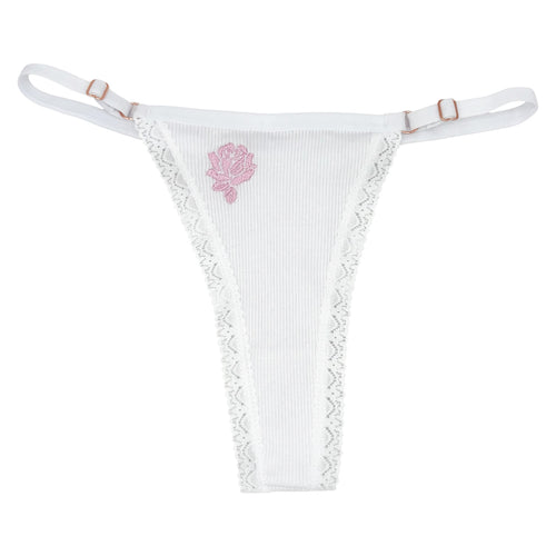 A flat image of Berry Sorbet’s Sugar Rose white ribbed cotton thong with pink rose embroidery on a white background 