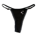 A flat image of Berry Sorbet’s Black Berry Sparkles ribbed cotton thong with pink sparkles embroidery.