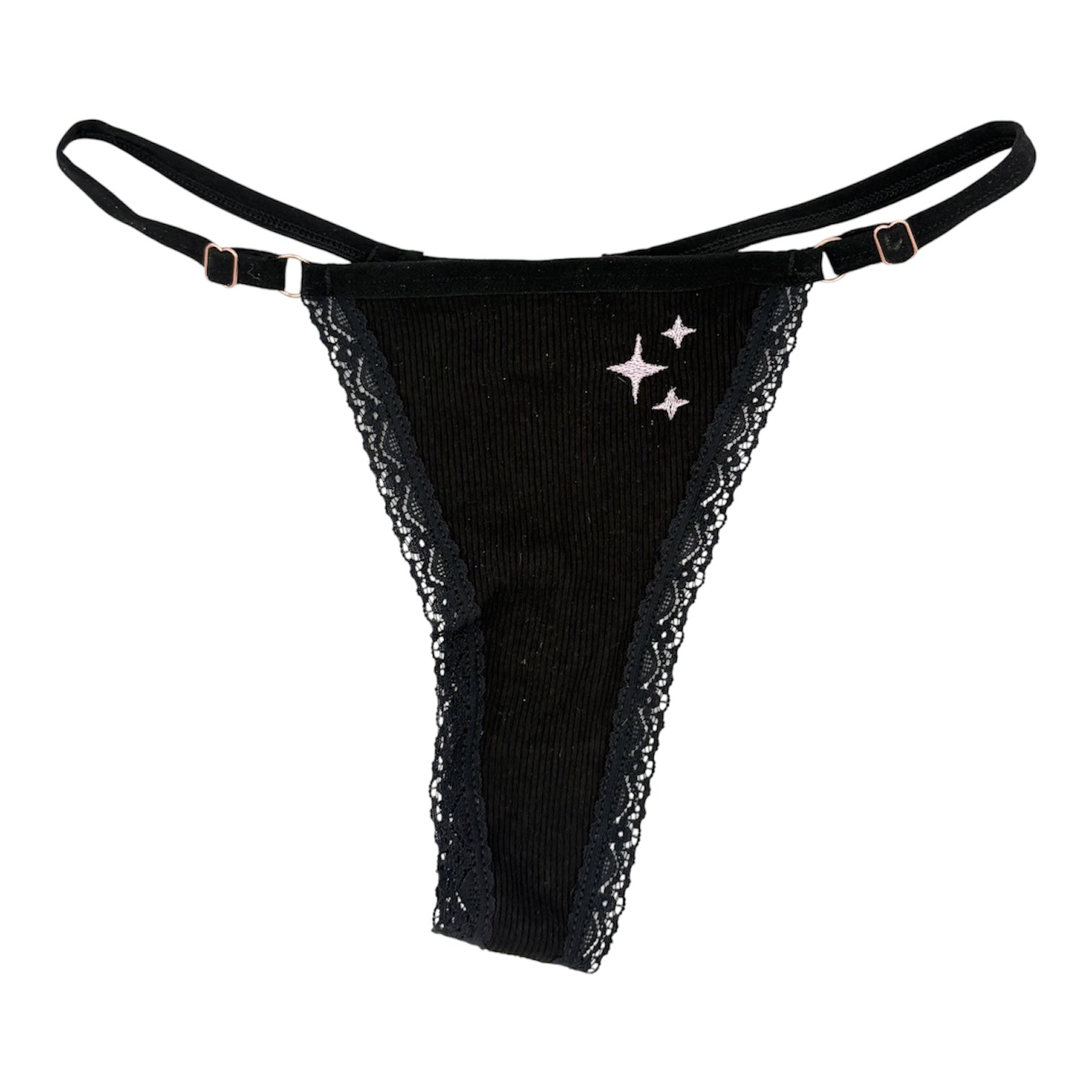 A flat image of Berry Sorbet’s Black Berry Sparkles ribbed cotton thong with pink sparkles embroidery.