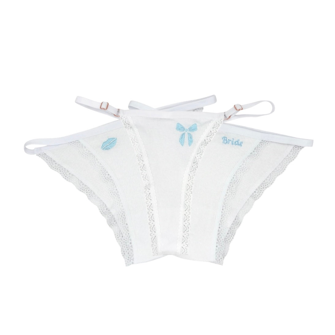 Displays our 3 pack underwear. The image shows a flat lay of the Low Brief in Lips in Sugar, the High Thong in Bow in Sugar and the Low Brief in Bride in Sugar.