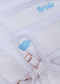 A close up image of Berry Sorbet’s Sugar Lips embroidered cotton thong in white and light blue.